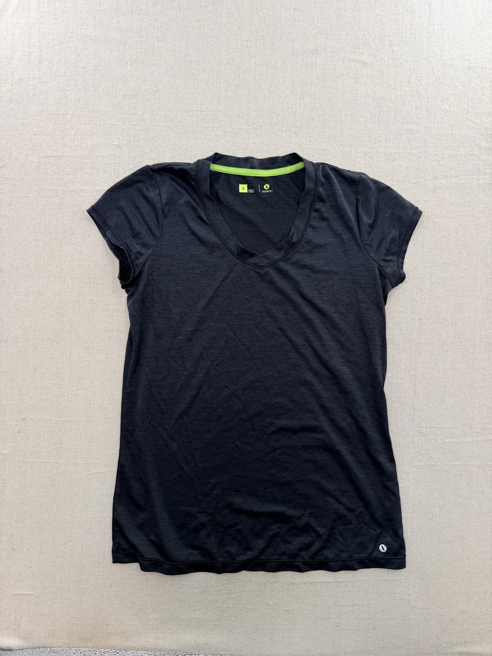 Xersion Black V‑Neck Short Sleeve Tee with Lime Accent